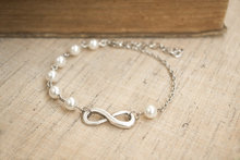 Infinity Bracelet. White Pearl Bracelet Friendship Bridesmaid Gift. Dainty Feminine Infinity and Pearl Jewelry LSB-007