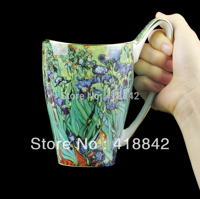 Bone China 500ml Mug Vincent Van Gogh Oil Painting Iris Coffee Tea Cup Christmas Gift