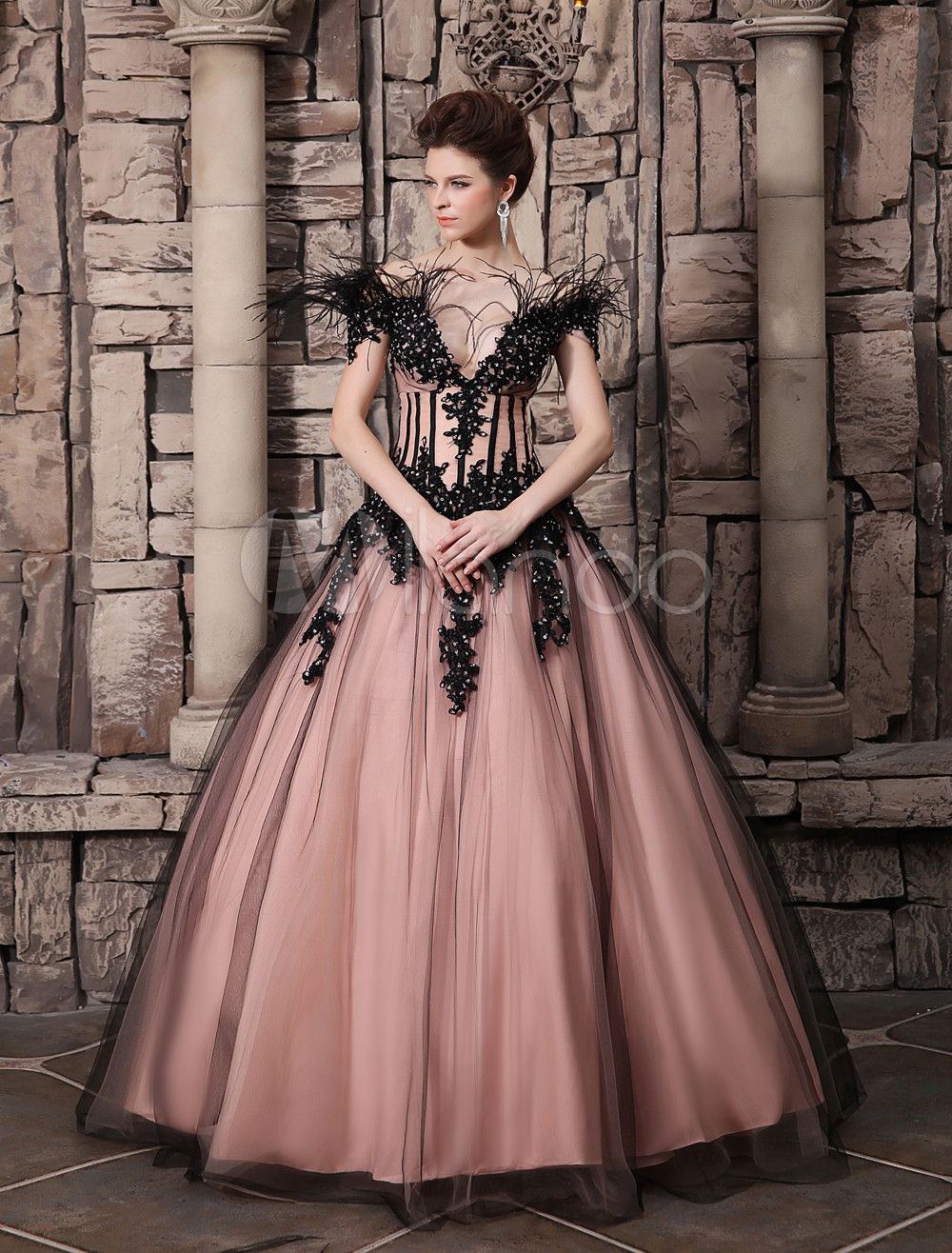 2014 Quinceanera Dresses Ball Gowns Black Pink Appliques Off the Shoulder Sleeveless Floor Length Organza Custom
