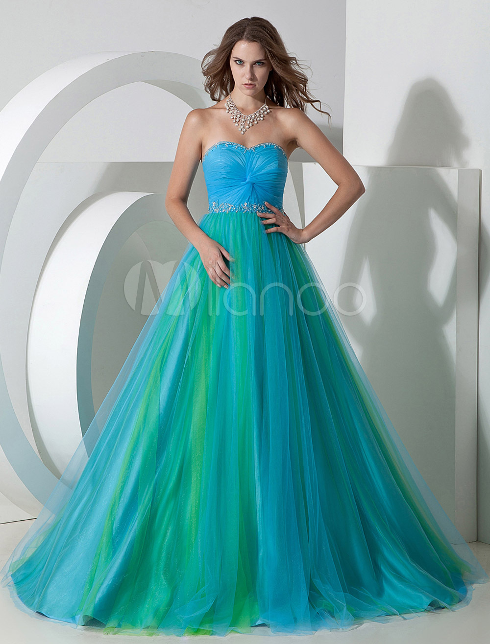 Quinceanera Dresses 2014 New Blue Green Beaded Sweetheart Sleeveless A Line Floor Length Organza Custom Size