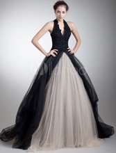 Quinceanera Dresses 2014 Black Champagne Appliques Halter Sleeveless Ball Gowns Floor Length Organza Custom Size