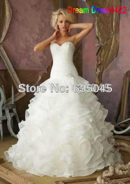 Free Shipping Sweetheart Neckline Custom made Ivory Satin Organza Crystal Beading Strapless A Line Wedding Dress