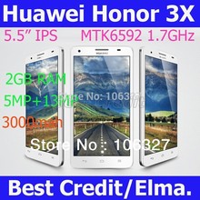 Freeshipping Newest huawei honor 3X MTK6592 Octa core1.7GHz phone 5.5″ IPS Android 4.2 2GB RAM 13MP+5MP WCDMA in stock /Elma