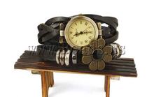 Free shipping!!!Cowhide Watch Bracelet,Tibet Jewelry, with zinc alloy dial, plated, enamel & 2-strand, coffee color, nickel