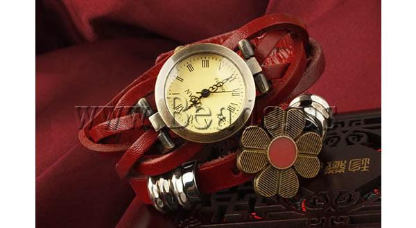Free shipping Cowhide Watch Bracelet Statement Jewelry with zinc alloy dial plated enamel 2 strand red