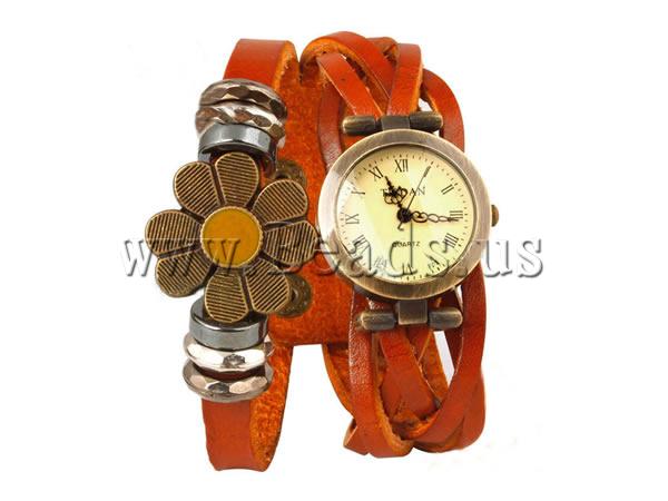Free shipping Cowhide Watch Bracelet Cheap Jewelry with Zinc Alloy plated enamel 2 strand orange nickel