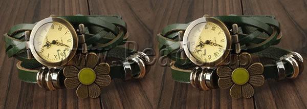 Free shipping Cowhide Watch Bracelet Lucky Jewelry with Zinc Alloy plated enamel 2 strand green nickel