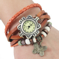 2014 High Quality Women’s Woman Lady Girls Leather Vintage Style Jewelry Bracelet Gifts Quartz Wrist Watches w Butterfly Pendant