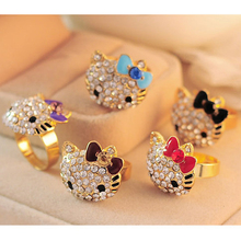 5 colors Lovely hello kitty Jewelry Crystals Lady Rings Gold Plated Resizable Fashion Party Child Girls