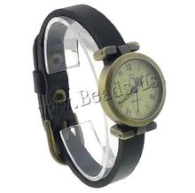 Free shipping!!!Cowhide Watch Bracelet,Costume jewelry, with zinc alloy dial, antique bronze color plated, black, nickel