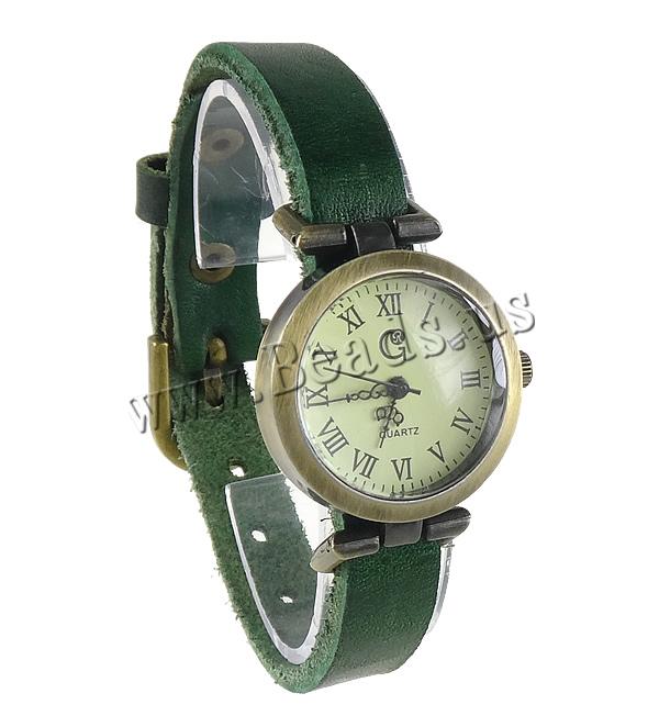 Free shipping Cowhide Watch Bracelet Designer Jewelry with zinc alloy dial antique bronze color plated green