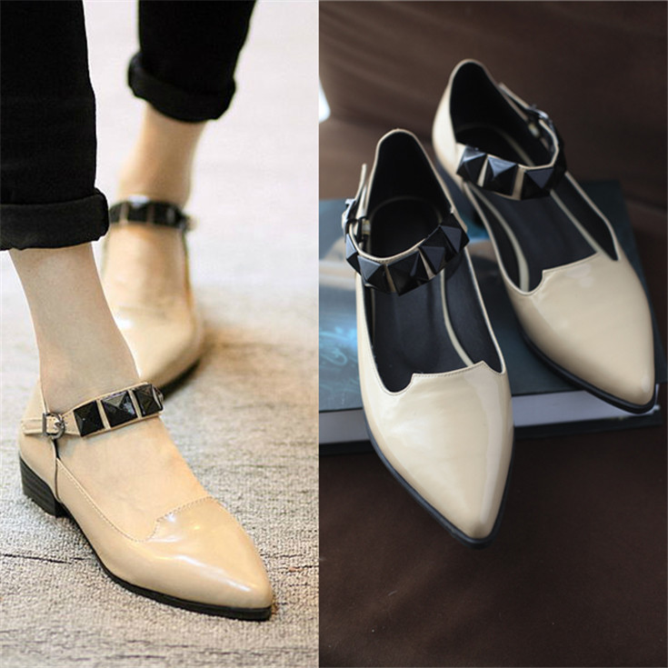 2014 fashion hot sale women genuine leather shoes high quality Hasp decorated in beige low heel