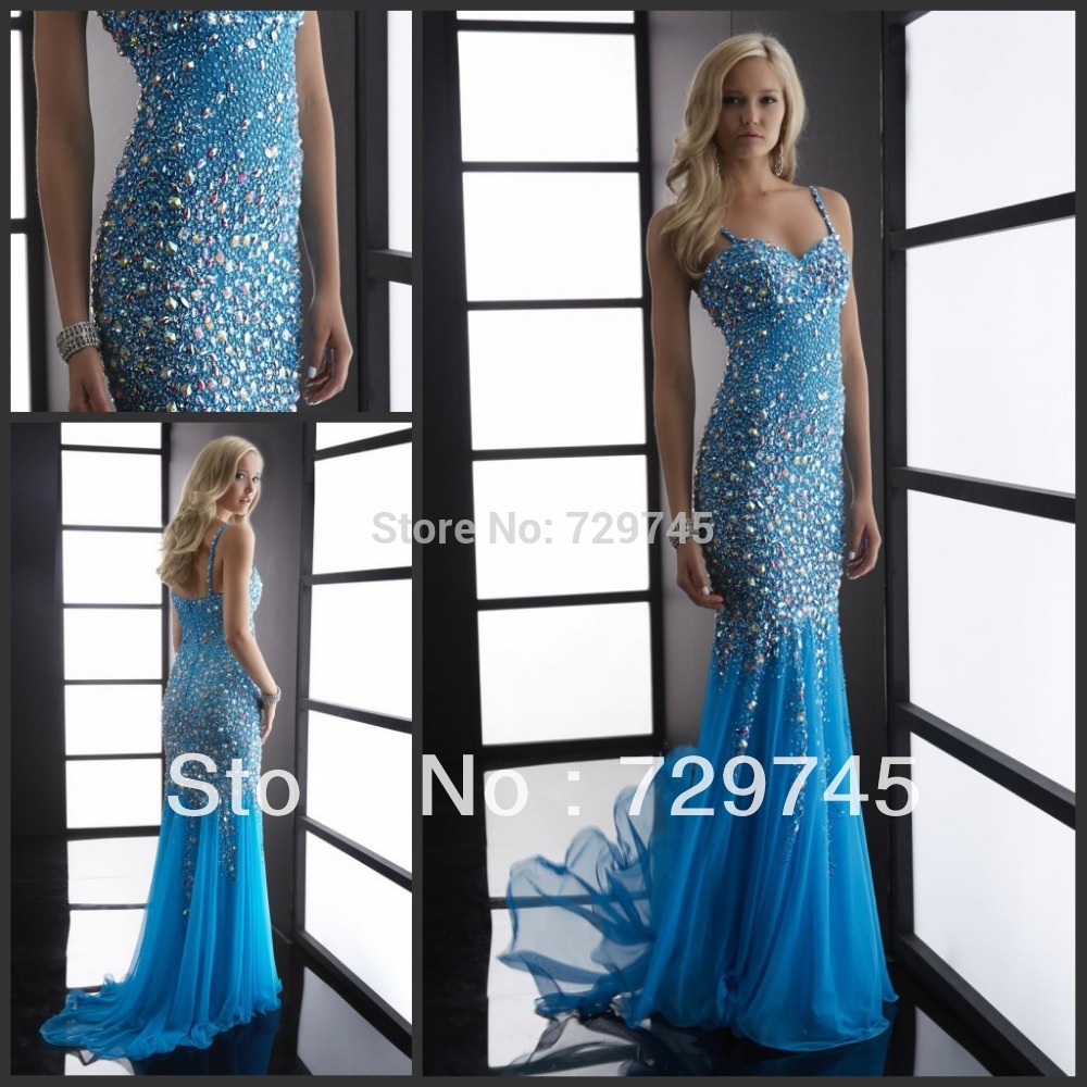 Custom Made Jasz Couture Crystal Sexy Spaghetti Strap Ice Blue Chiffon Floor Length Prom Dresses Evening