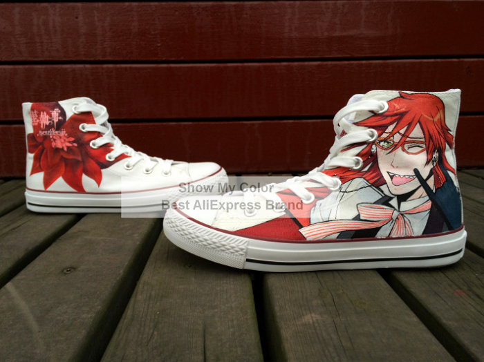 Black Butler Grell Sutcliff High Top White Shoes Hand Painted Anime Sneakers Canvas for Men Women