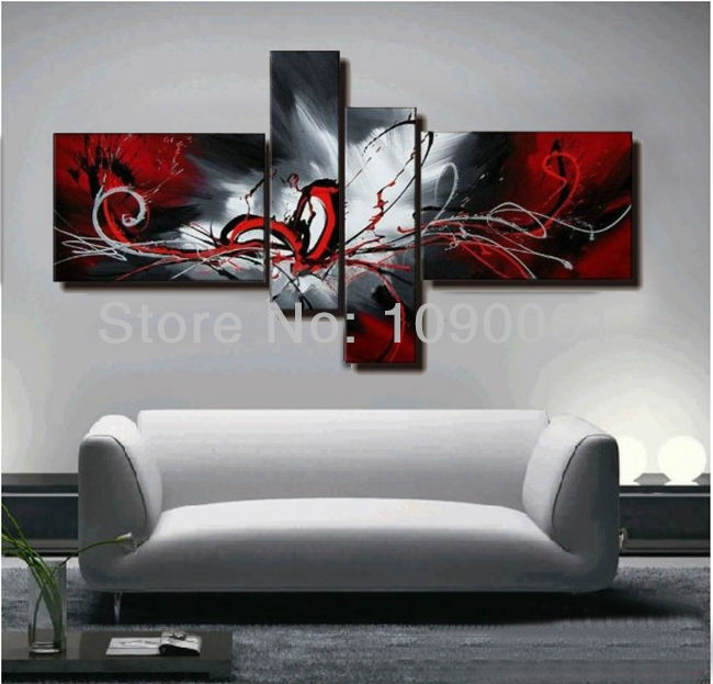 Hand Painted Modern Abstract Black White And Red Paintings Wall Hand Painted Abstract Canvas Painting Oil Black White And Red Wall Art No Framed 4 Panels Decoration Home Modern Fashion Picture