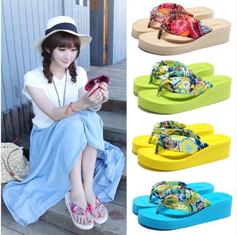 Summer Bohemia silk flowers flip flops female thick wedge bottom slippers han edition sponge clamp feet
