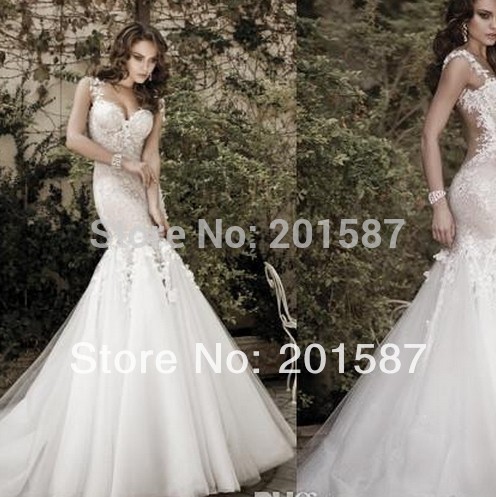 New Luxury Galia Lahav Wedding Dresses Spaghetti Backless Appliques Flowers Mermaid Court Train Tulle Lace Sexy