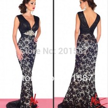 2014 New Sexy V Neck Lace Mermaid Evening Dresses Beaded Waistband Ruffles Sleeveless Floor Length Mother Of The Bride Gowns