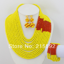 African Gold Plated Jewelry Set 12 rows Yellow Orange Crystal Beads Necklace Jewelry Set 18k Free
