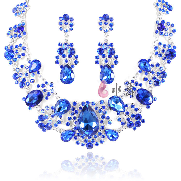 Flickered blue rhinestone bride chain sets necklace earrings set marriage wedding jewelry wedding accessories