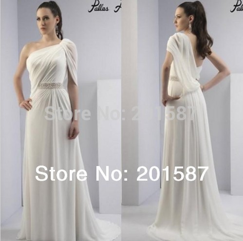 A Line Chapel Train Ivory Chiffon One Shoulder Wedding Dresses Beads Sheer Style Wedding Gowns Best