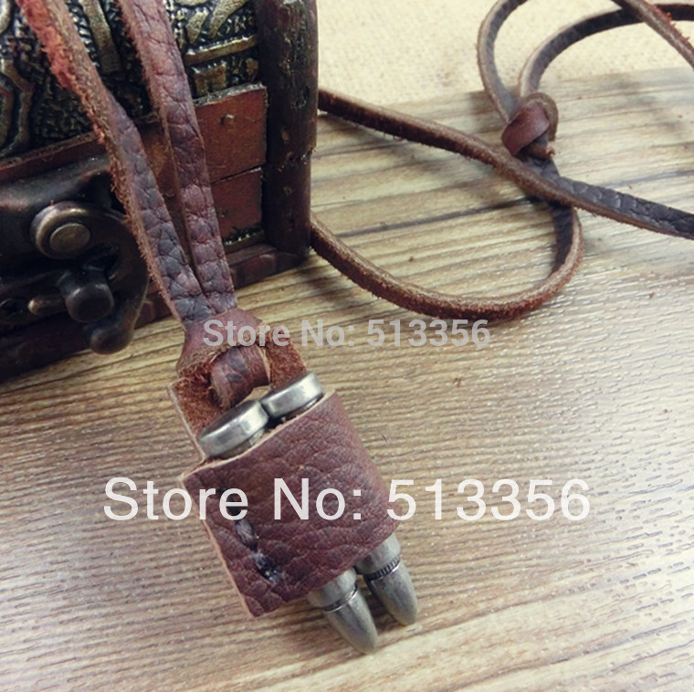PX043 free shipping vintage bullet necklace with high quality brown color genuine cowhide chain casual jewelry