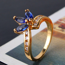 2014 24K Gold Plated Water Drop Cut Royal Blue Crystals CZ Band Engagement Rings Love Gift For Women Free Shipping (GULICX R129)