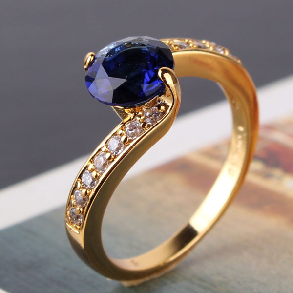Mother Day 24K Gold Plated Royal Blue Crystal CZ Band Engagement Rings Love Gifts For Women