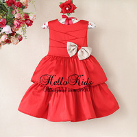 2014 New Toddler Girl Dress Red Summer Dress With Bow Cake Style Fold Polyester Princess Dresses Kids Wear For Children