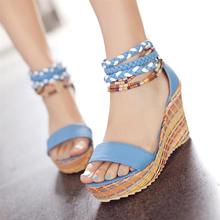 Women’s rattan sandals shoes cow muscle outsole wedges back zipper fresh sweet female sandals