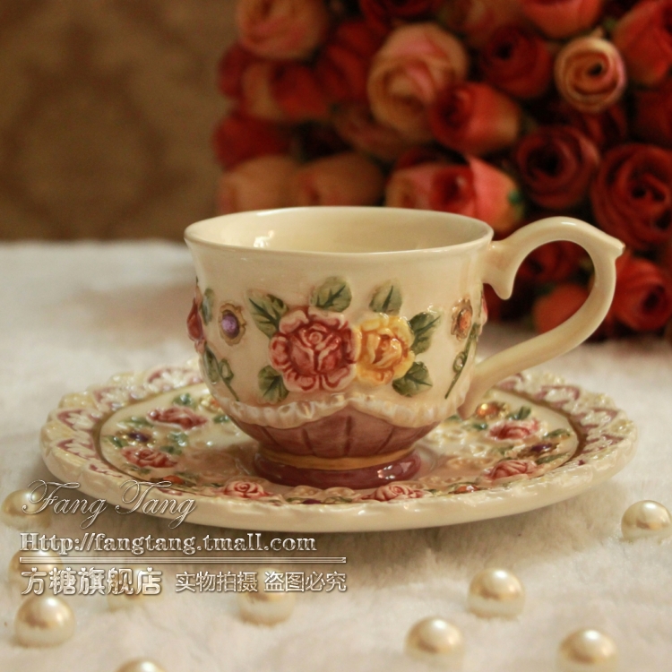Fashion rustic wedding gift victoria ceramic coffee cup set 4 piece set with saucers dishes beautiful
