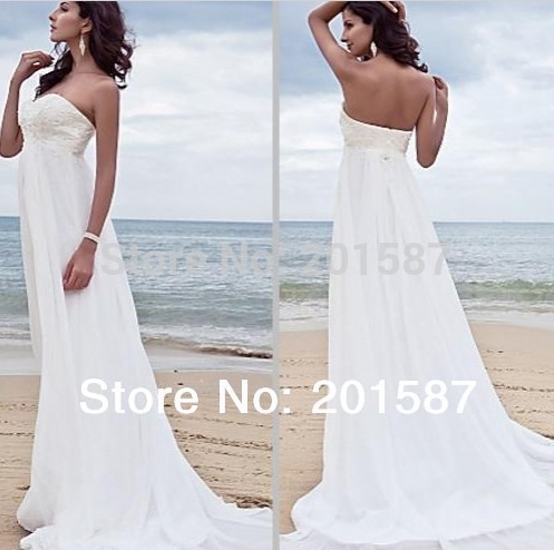 Sweetheart Lace Appliqued Beaded Empire Waist Sheath Court Train Chiffon Bridal Dress 2014 New Model Beach