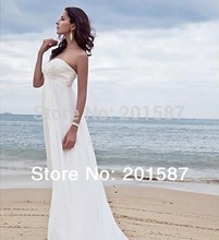 Sweetheart Lace Appliqued Beaded Empire Waist Sheath Court Train Chiffon Bridal Dress 2014 New Model Beach