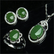 The Real Thing Natural Hetian Jade Jade Pendant Necklaces Earrings Suit 925 Sterling Silver Ring Arranged