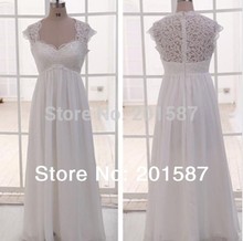 2014 Vintage Empire Beaded Applique Ruched Sheer Straps Beach Wedding Dresses Lace for Maternity Bridal with Short Cap Sleeve