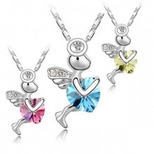 Free Shipping Platinum Plated Nickel Free Fairy Cupid Angels Heart Pendant Necklace Rhinestone Jewelry