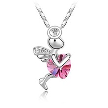 Free Shipping Platinum Plated Nickel Free Fairy Cupid Angels Heart Pendant Necklace Rhinestone Jewelry