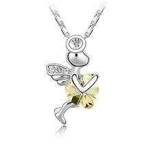 Free Shipping Platinum Plated Nickel Free Fairy Cupid Angels Heart Pendant Necklace Rhinestone Jewelry