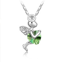 Free Shipping Platinum Plated Nickel Free Fairy Cupid Angels Heart Pendant Necklace Rhinestone Jewelry