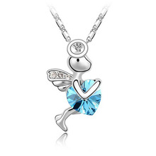 Free Shipping Platinum Plated Nickel Free Fairy Cupid Angels Heart Pendant Necklace Rhinestone Jewelry