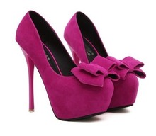 Free Shipping Women Pumps summer Platform 14cm High thin Heels bowknot flock design Shoes
