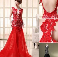 2014  Dresses Red Black Prom Dresses Evening Gown With Sheer Crew Backless  Appliques Split Side Mermaid Court Train