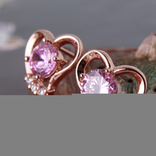 2014 Fashion Love Heart 18k Rose Gold Plated Pink Color Stones CZ Stud Earrings Female Wholesale Free Shipping (GULICX E035.2)