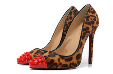 2014 new women’s pumps red bottoms Horsehair high heel shoes leopard rivet plus size 10 sexy shoes free shipping