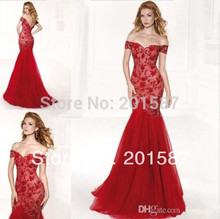 2014 New  Tarik Ediz Evening Gowns Lace Appliqued Off-Shoulder Mermaid Chapel Train Red Tulle Skirt Prom Dresses Celebrity Dress
