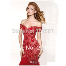New Tarik Ediz Evening Gowns Lace Appliqued Off Shoulder Mermaid Chapel Train Red Tulle Skirt Prom