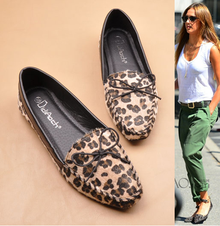New Fashion 2014 Women sexy leopard print comfortable metal buckle square toe flat heel single shoes