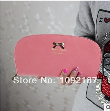 Rounded cut new matte leather bow zipper purse women wallet long section