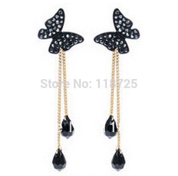 LZ Jewelry Hut E298 Fashion 2014 New Black Rhinestone Tassel Butterfly Earrings For Women