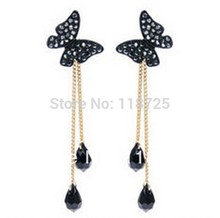 LZ Jewelry Hut E298 Fashion 2014 New Black Rhinestone Tassel Butterfly Earrings For Women